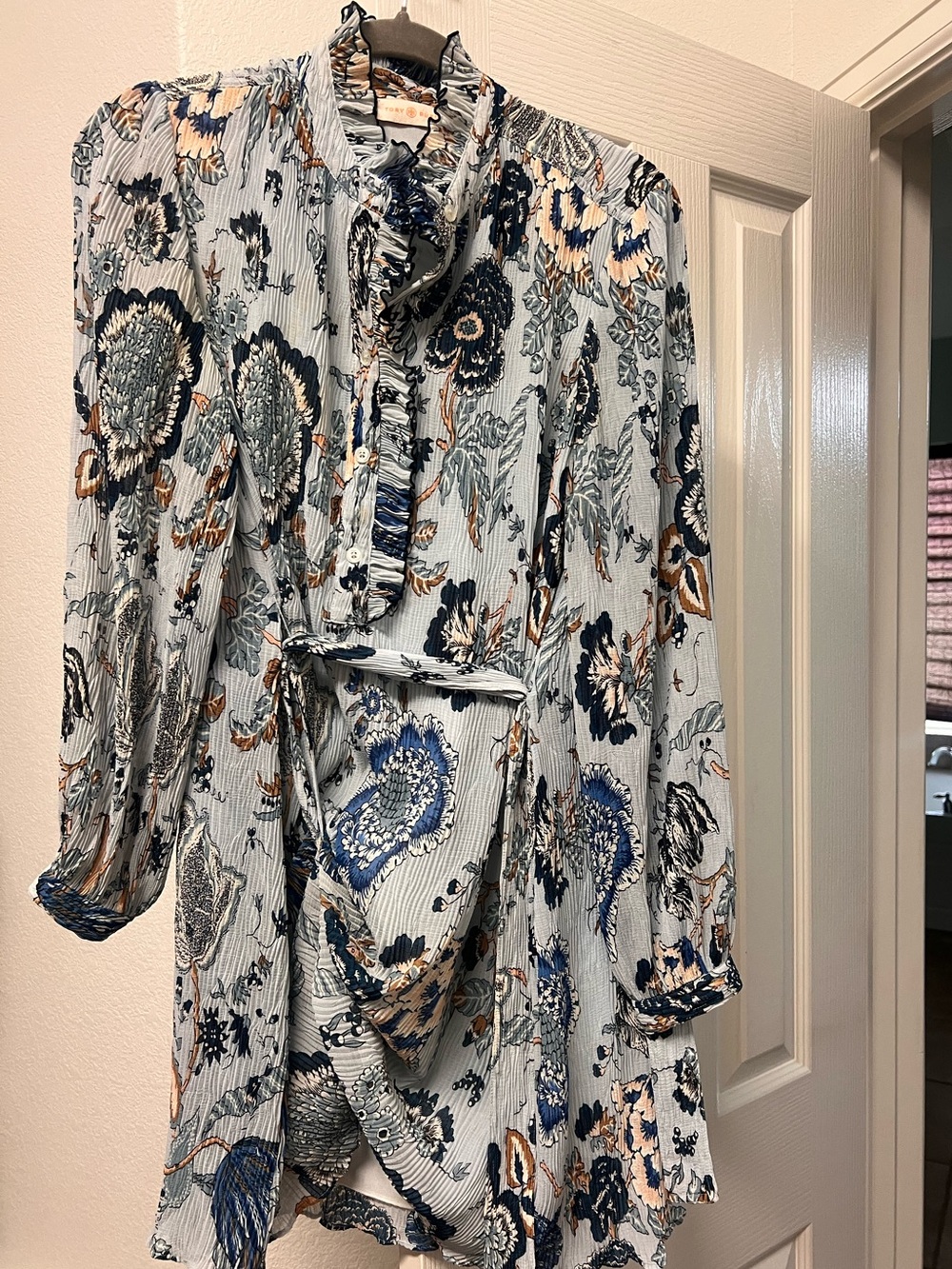 Tory Burch Blue Multi Floral Ruffle-Tie Dress